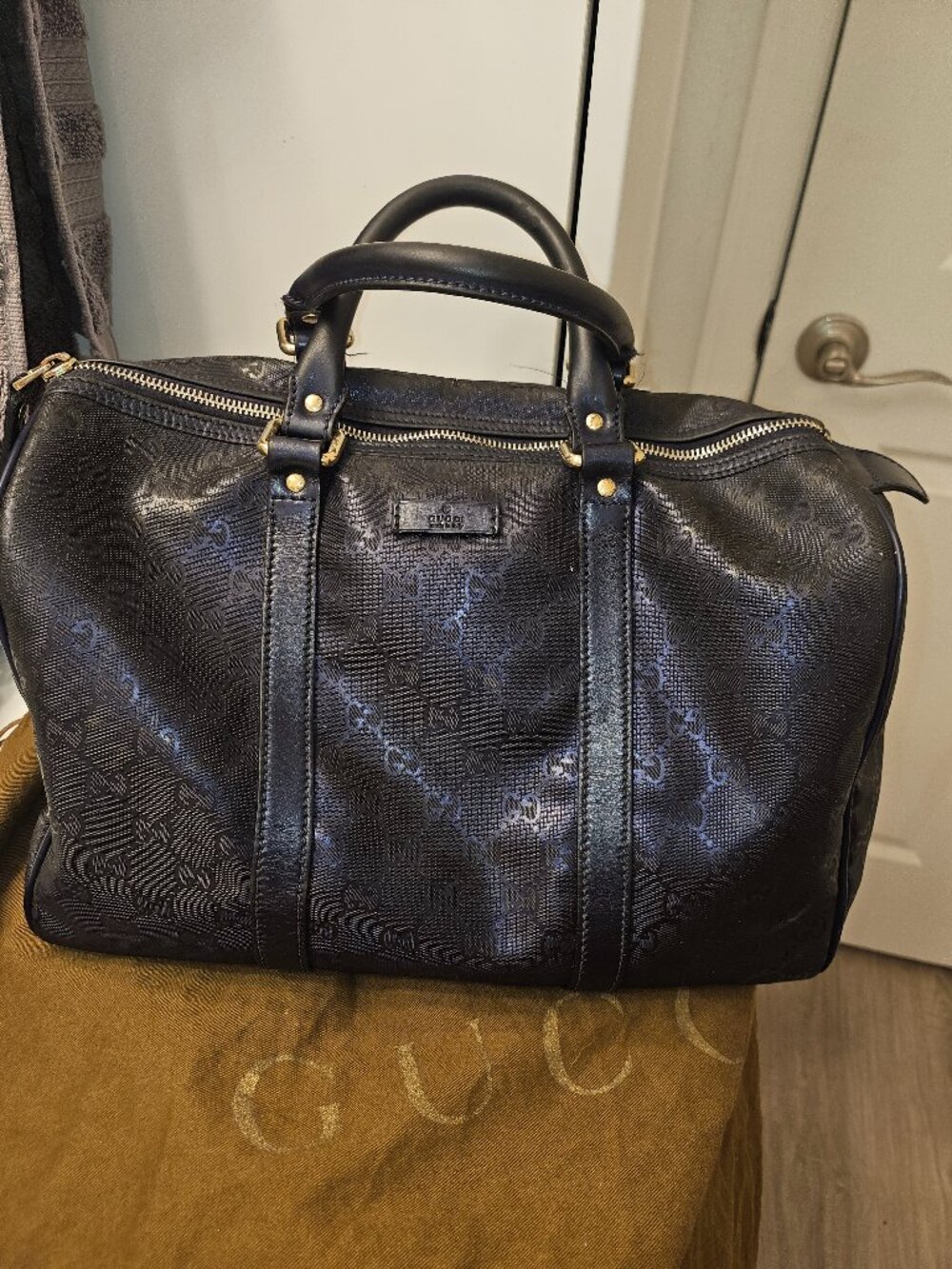 Gucci GG Imprime Boston Satchel Navy Blue Monogram Leather Trim Bag